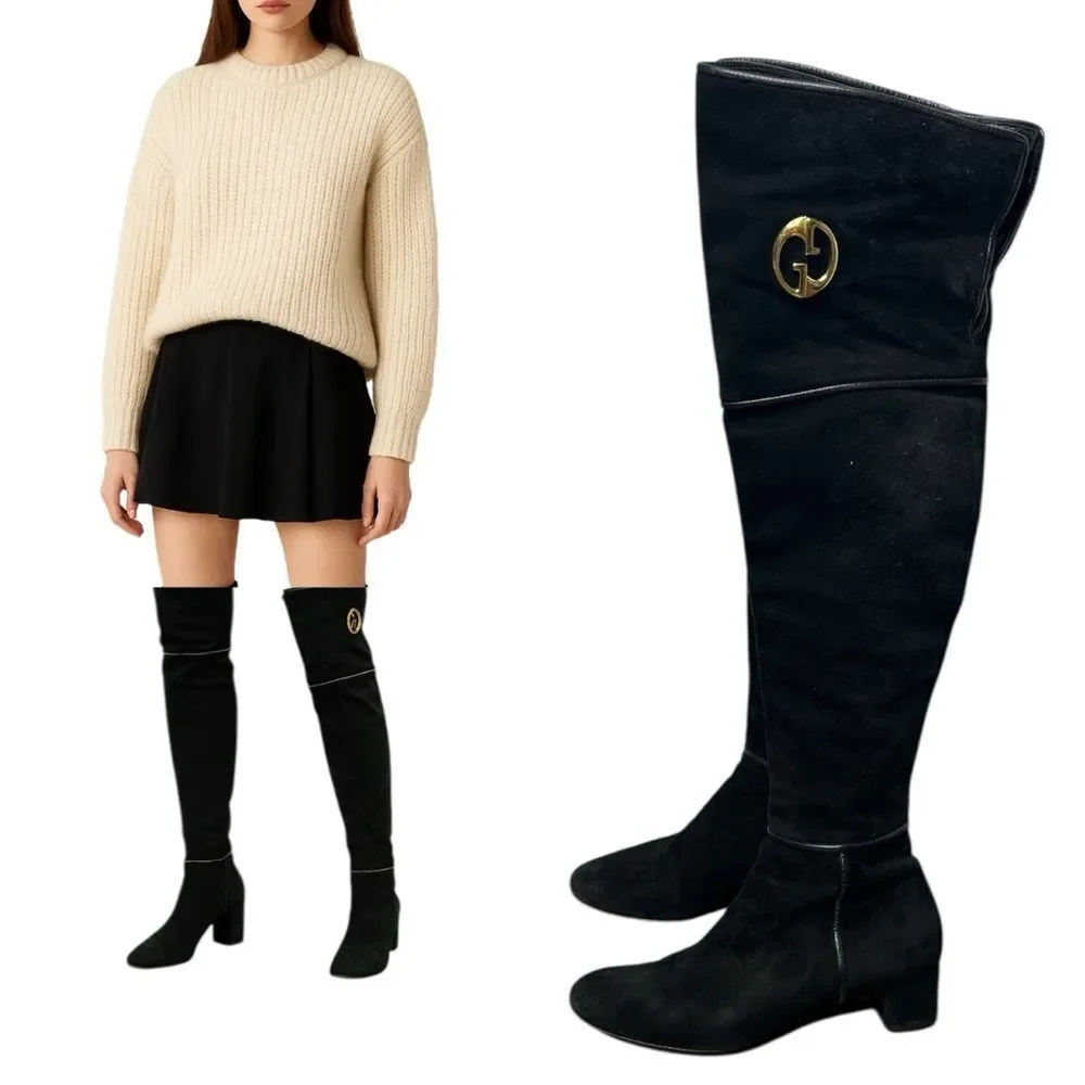 Gucci Black Suede Over the Knee Boots GG 1973 Logo Block Heel Shoes Size 38